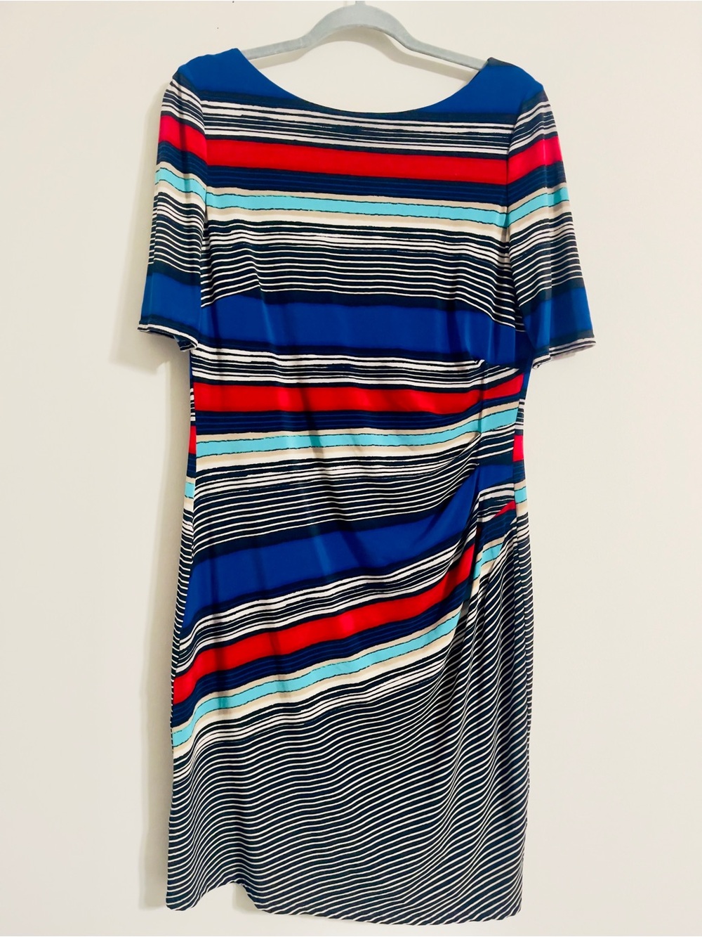 Anne Klein Striped Ruched Sheath Dress Sz 14 Draped Stretch Short Sleeve Office